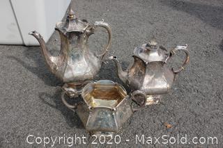 Two Silver Plate Tea Pots And Dish